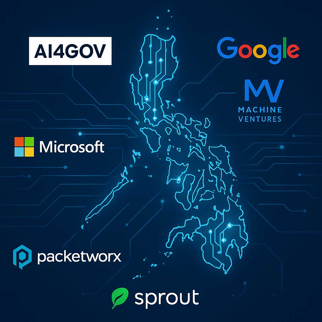 Logos of top AI companies in the Philippines surrounded by a digital circuit map