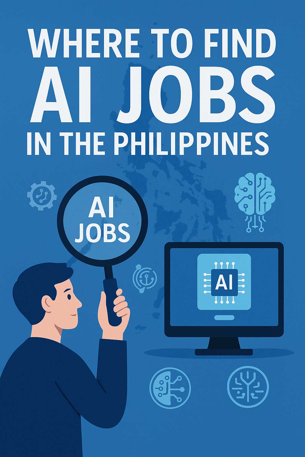 Illustration of job search with AI icons and the Philippine map in the background
