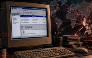Vintage computer showing the ILOVEYOU virus email with a digital map highlighting its global spread from the Philippines.